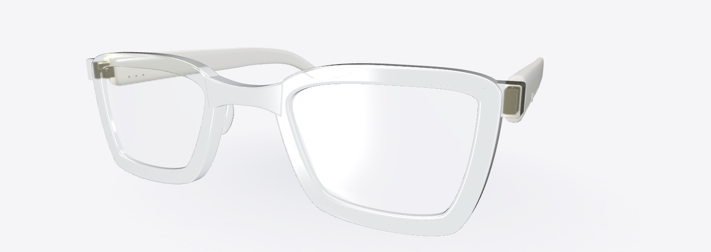 Clear square glasses with sculpted ivory arms, seen from a three-quarter angle.